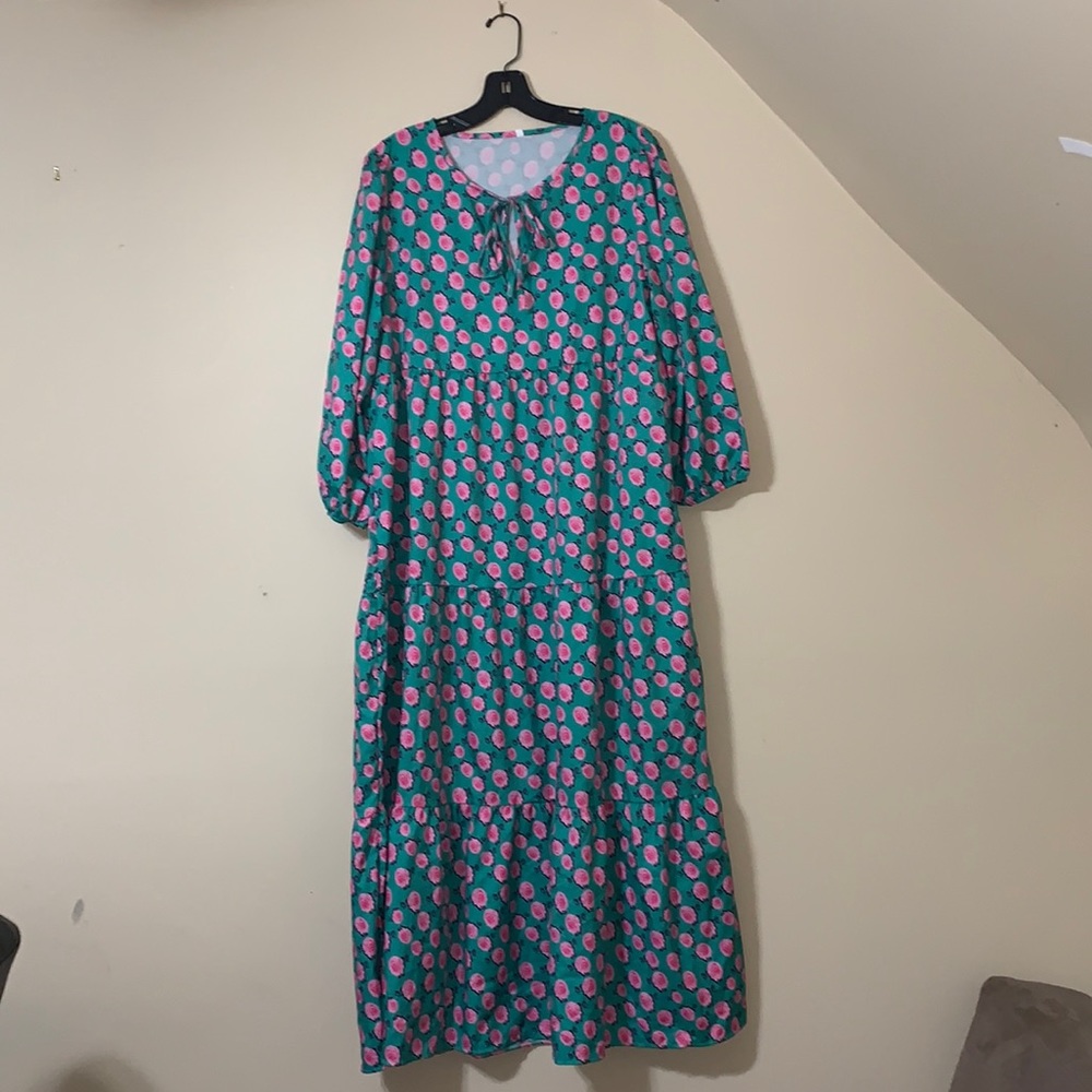 Green and Pink Flower Maxi Dress